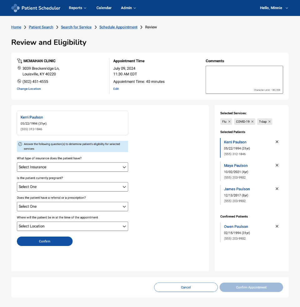 The image displays a patient scheduling portal showing a “Review and Eligibility” page with patient details, appointment information, and selectable insurance options, designed for confirming medical appointments.