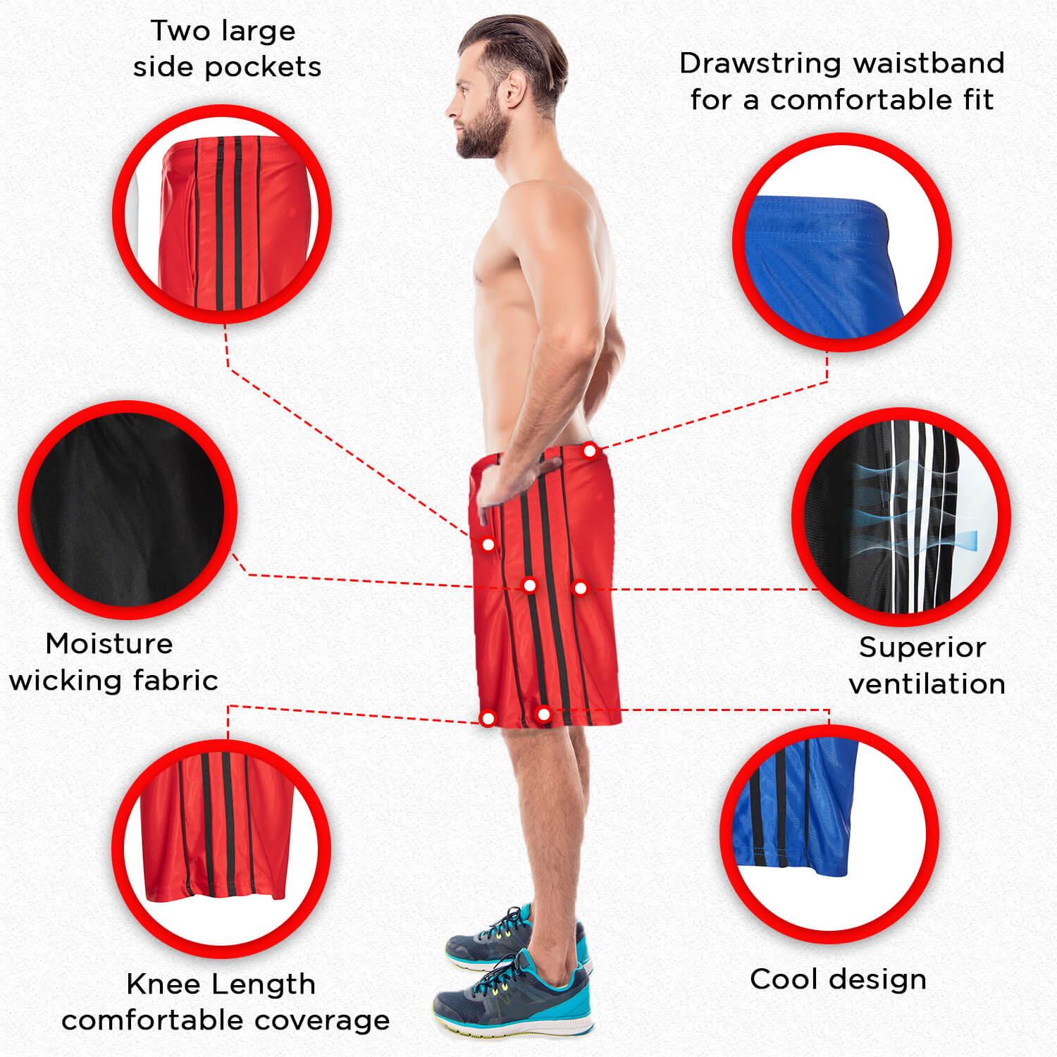 Infographic showing various angles and details of the product