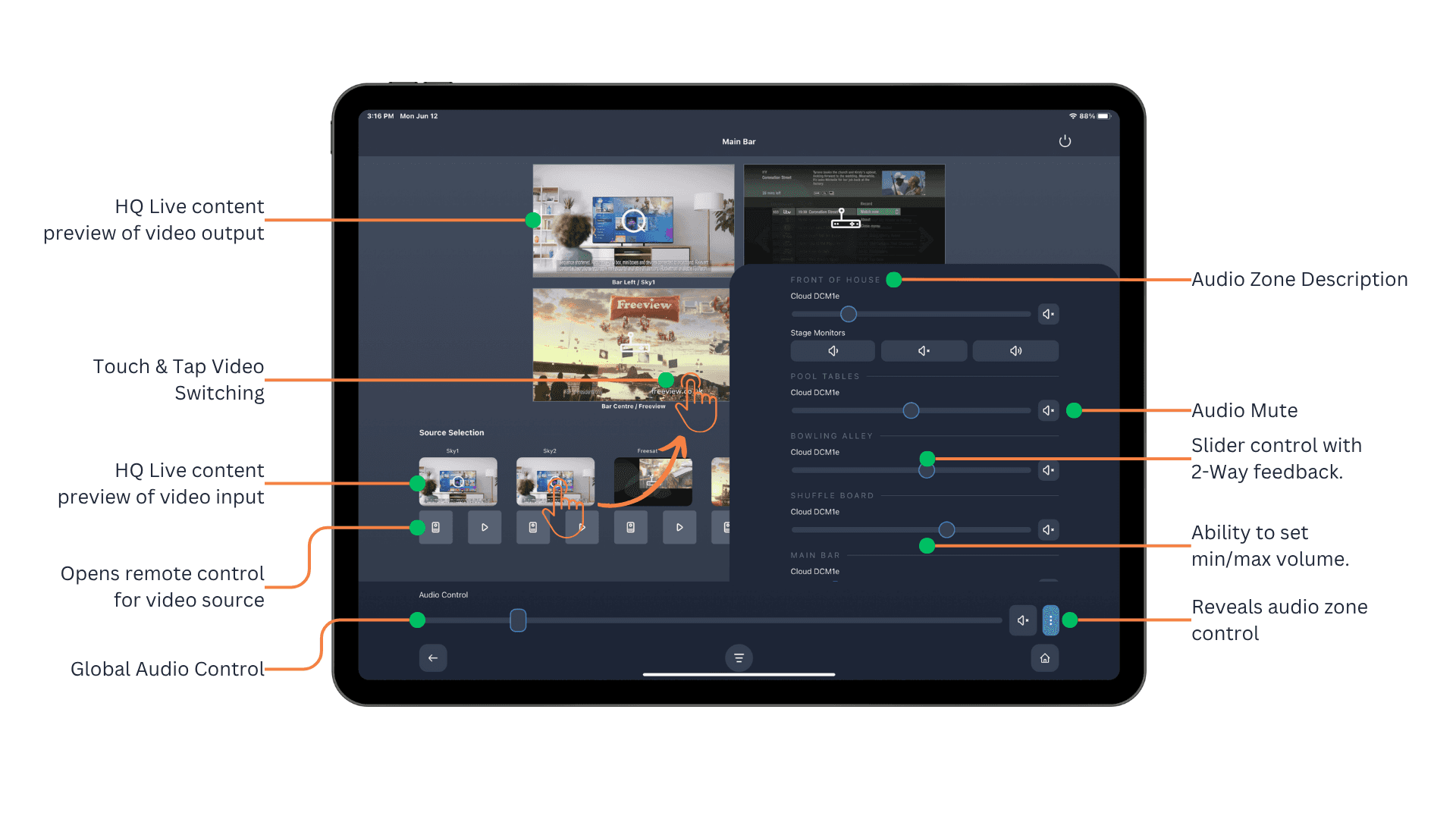 Video and audio controls on a tablet interface.