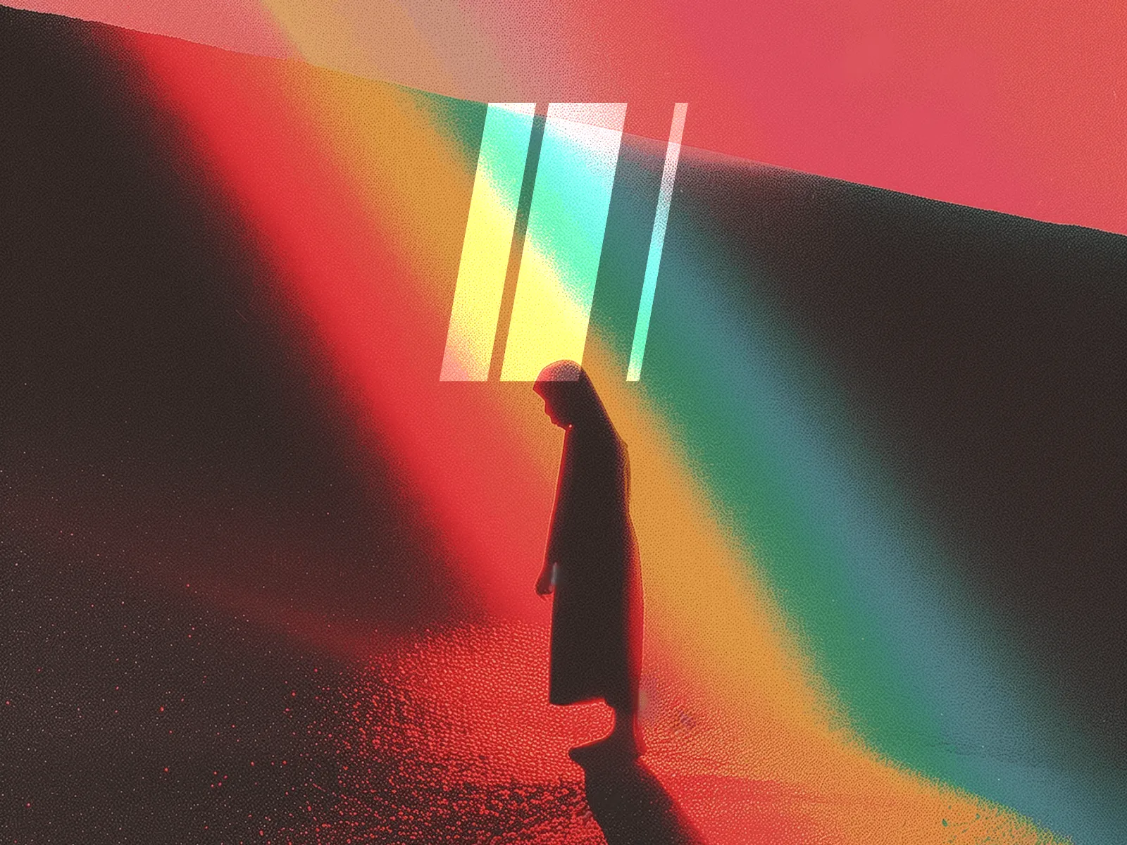 A silhouetted figure stands against a colorful, abstract background of red, green, and yellow light.