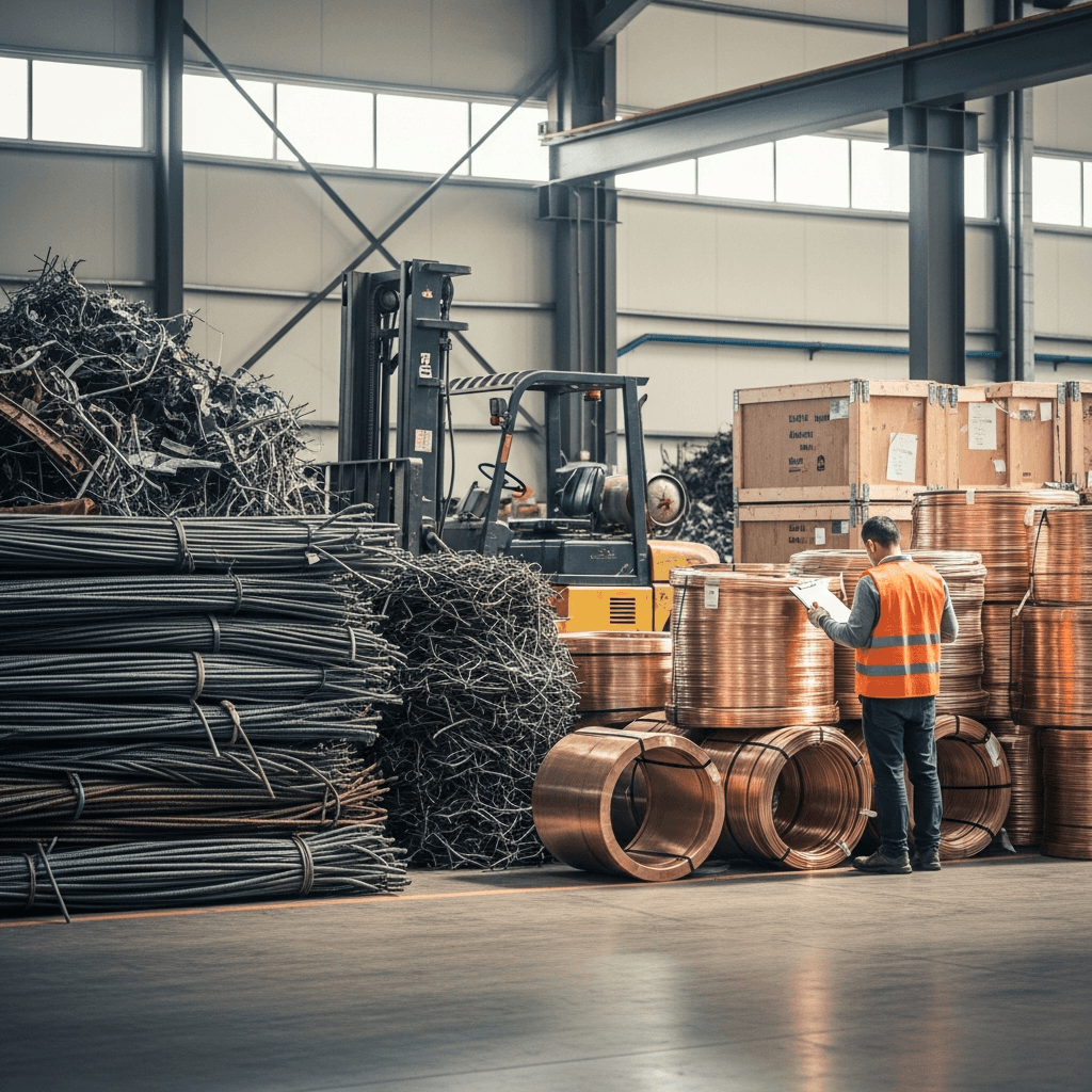 Rachat de stock invendu industriel à Casablanca avec ferrailles, cuivre et équipements métalliques dans un entrepôt.