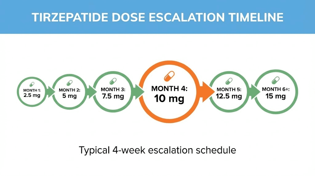 Tirzepatide dose escalation schedule with 10 mg dose tier highlighted