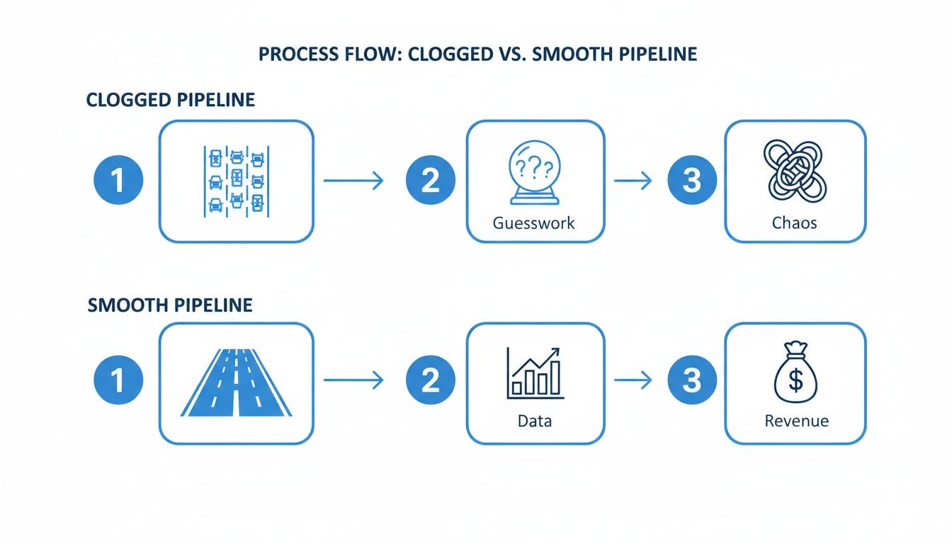 Diagram contrasting a clogged pipeline leading to chaos with a smooth pipeline generating revenue.