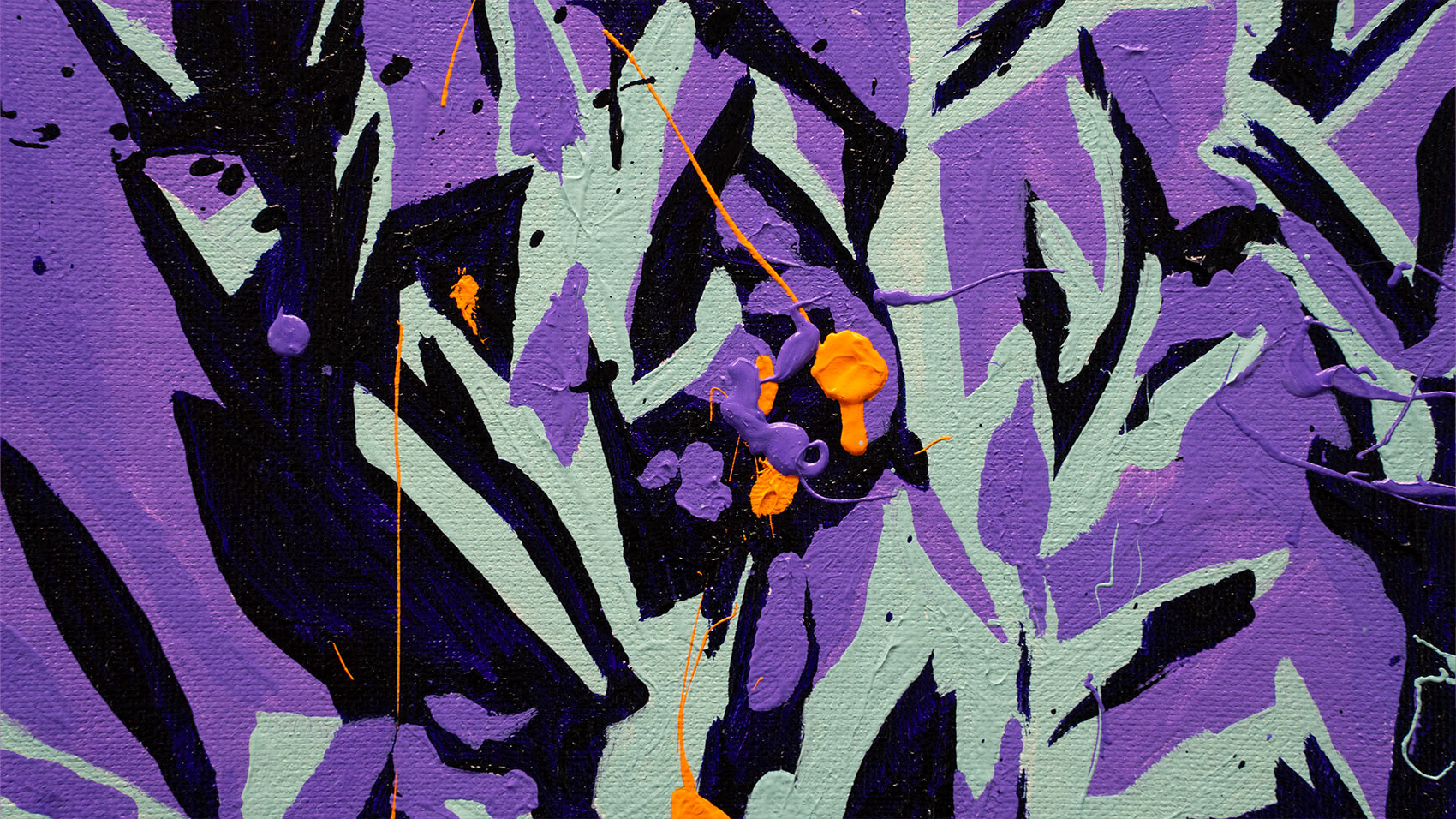 Close-up of the olive tree painting showing the textured brushstrokes of the green leaves and the vibrant purple tones of the background