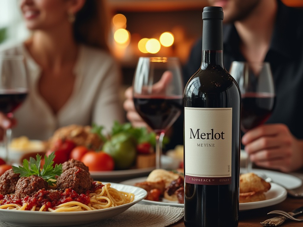 Romantic dinner with Merlot wine and Spaghetti with Meatballs, perfect pairing for an elegant evening.