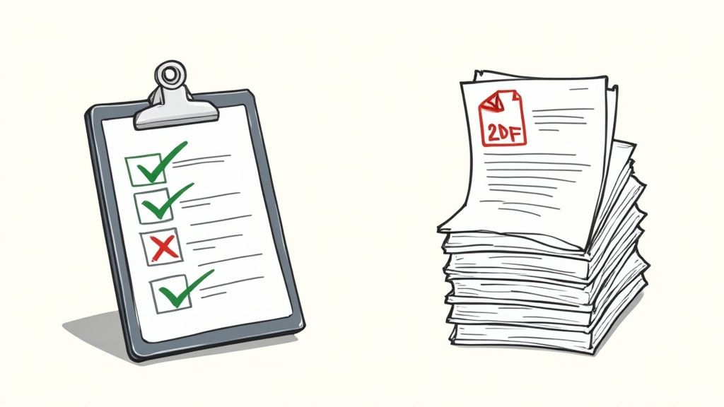 Eine Person sortiert Dokumente für eine Bewerbung an einem aufgeräumten Schreibtisch, um die Wichtigkeit der formalen Korrektheit zu betonen.