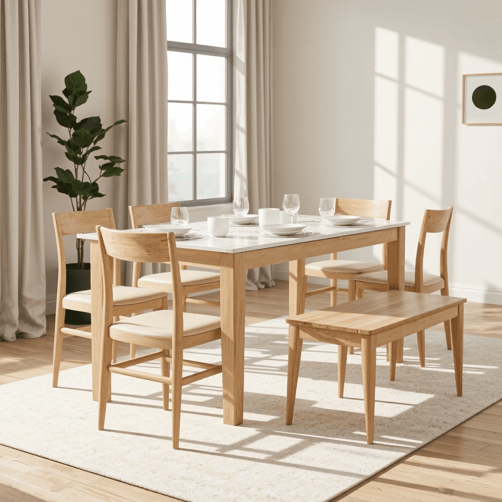 product photography of a dining table set with chairs and a bench