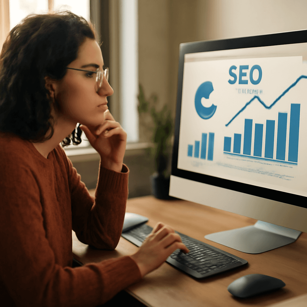 woman analyzing SEO data on computer screen