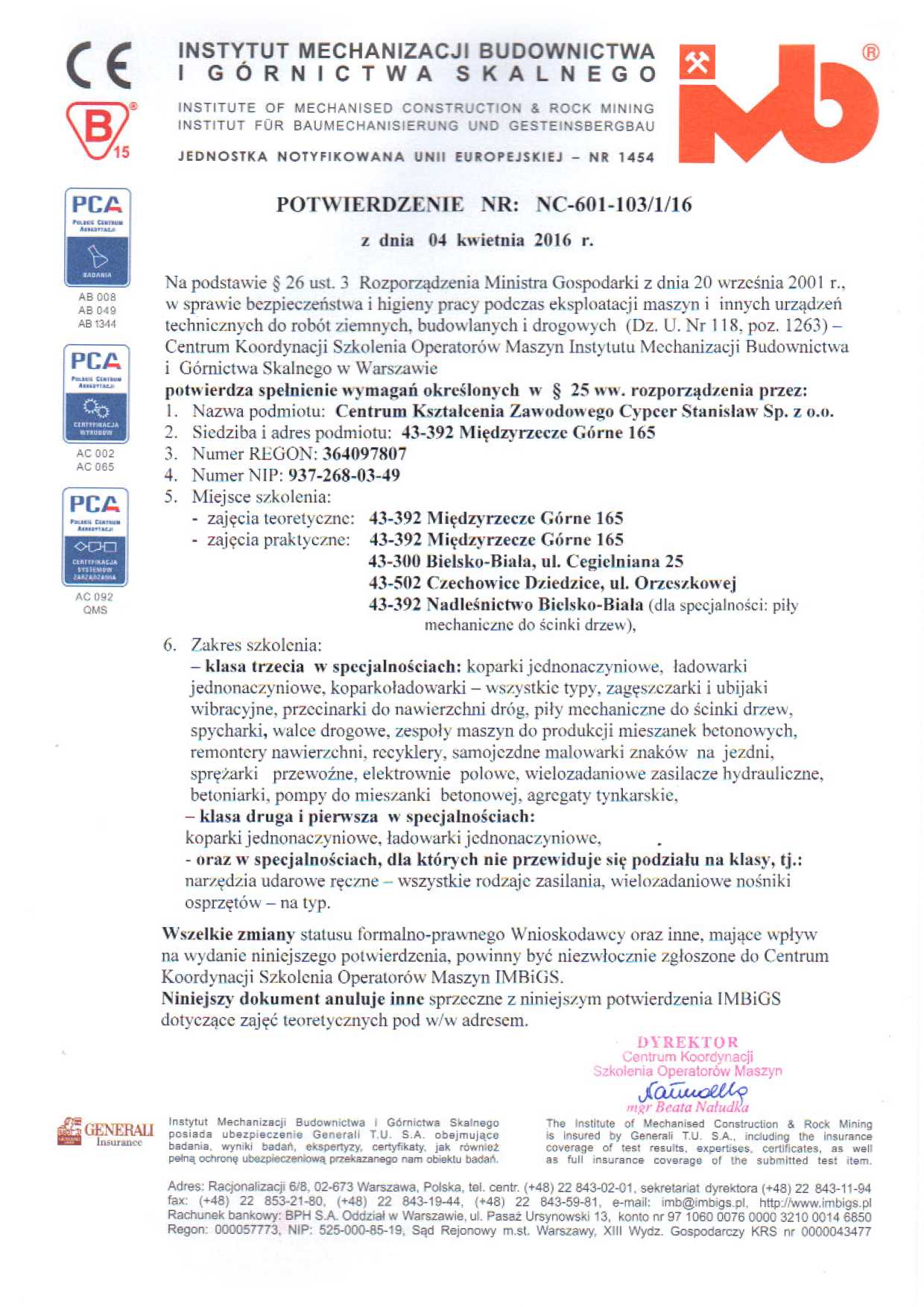 Certyfikat CKZ Cypcer za wysoką jakość usług szkoleniowych dla operatorów sprzętu budowlanego.