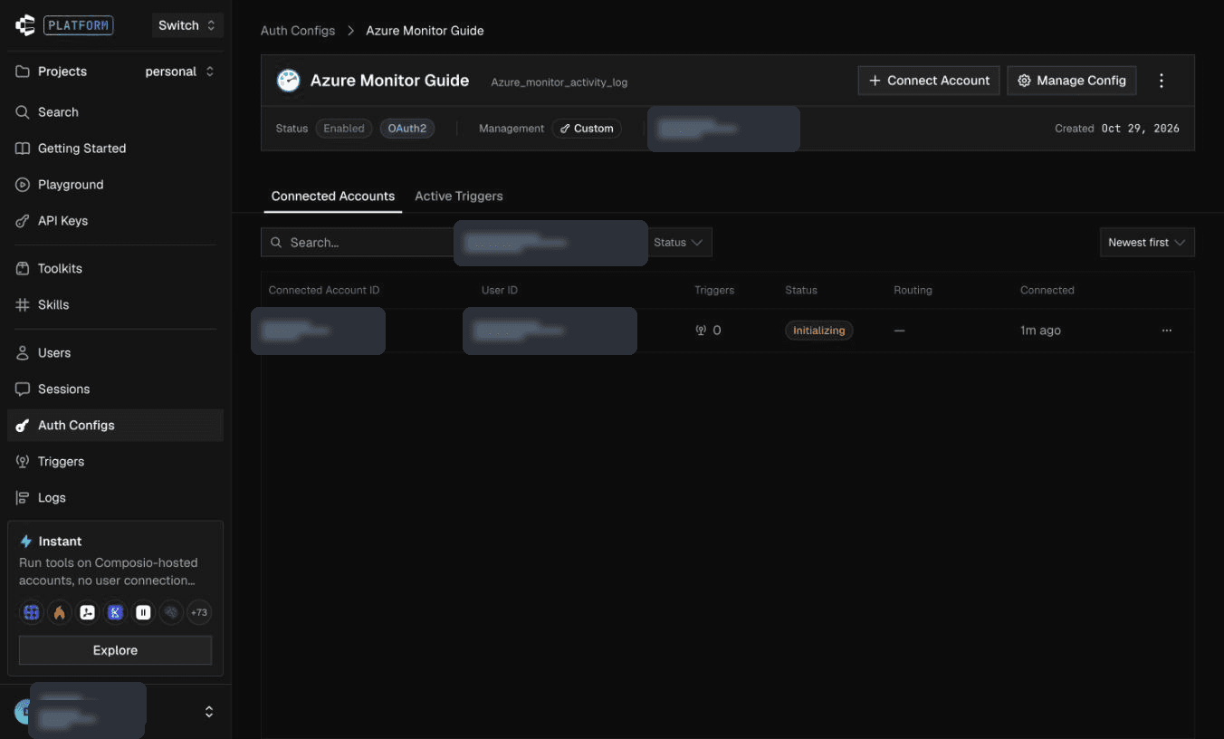 Connect Account on the Azure Monitor auth config