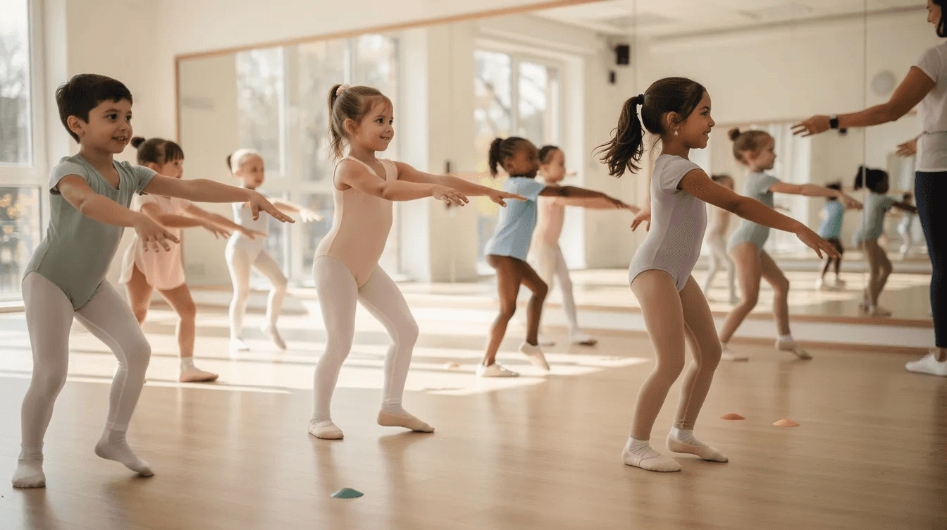 The image shows a lively group of young children engaged in a dance class, practicing choreography in a bright studio filled with mirrors, emphasizing their energy and enthusiasm for movement. The vibrant environment reflects a space designed for creativity and learning, much like a business intelligence platform that helps visualize data for informed decision-making.