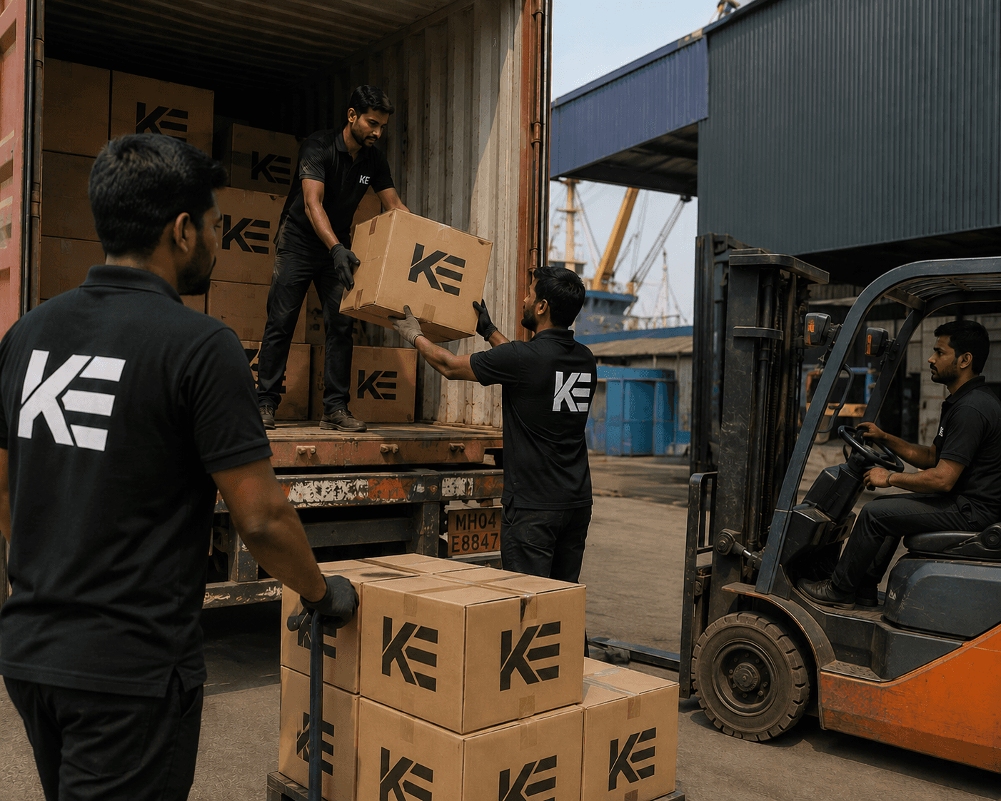 Warehouse workers unloading branded KE boxes from a shipping container near a forklift