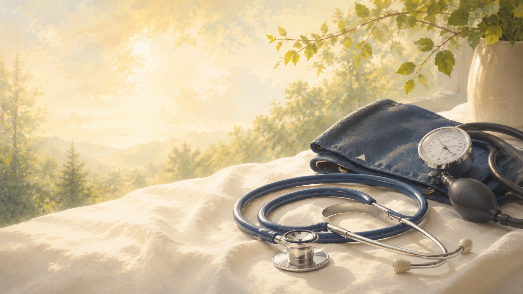 Stethoscope and blood pressure cuff on white fabric