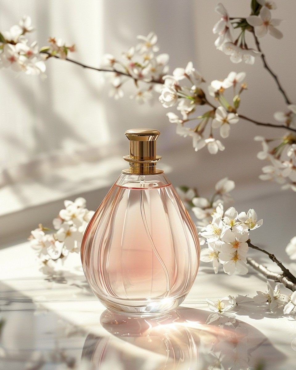 A delicate perfume bottle with a pink tint sits gracefully on a reflective surface surrounded by blooming white cherry blossoms, capturing a sense of elegance and springtime freshness.