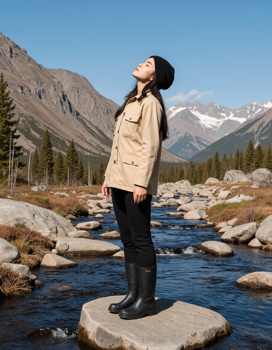 Woman in beige jacket and black beanie standing on rock in mountain stream with snow-capped peaks behind