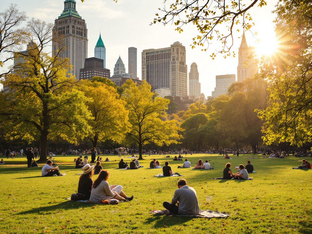 People relaxing in Central Park with the New York City skyline in the background