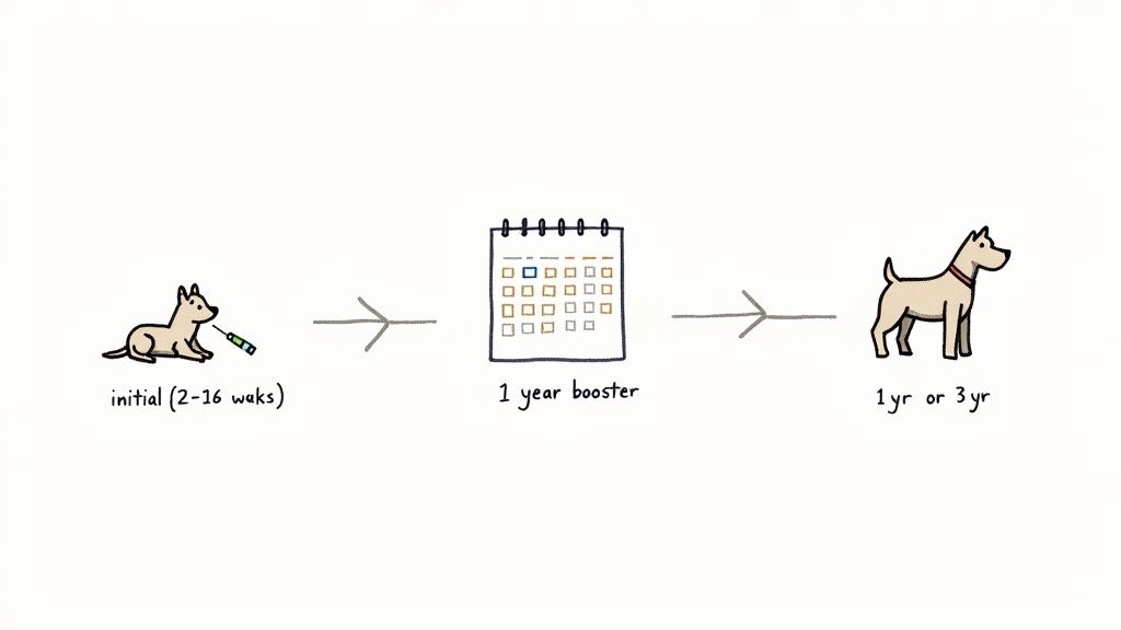 Dog vaccination schedule diagram: initial puppy shots (2-16 weeks), 1-year booster, and subsequent 1 or 3-year vaccines.