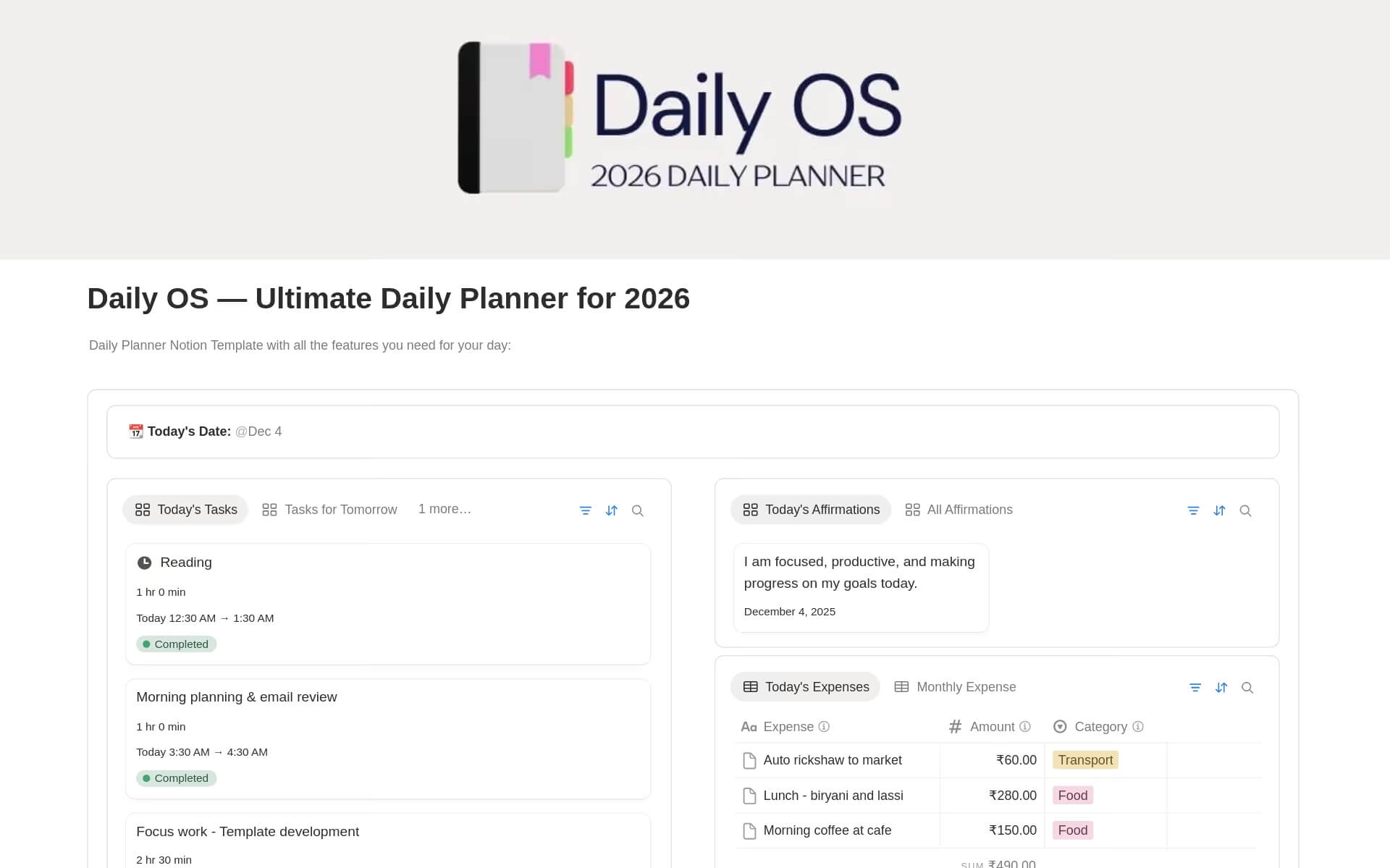 Daily OS - Daily Planner Notion Template