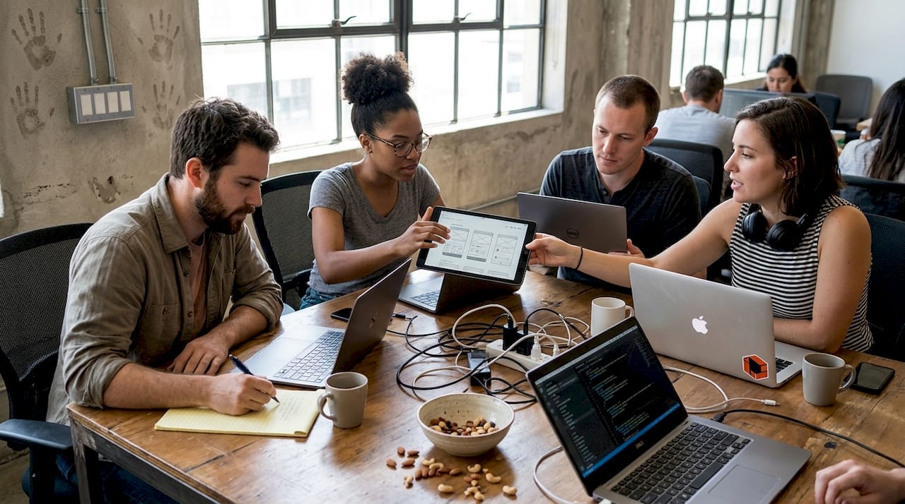 Team reviewing mobile app workflow steps
