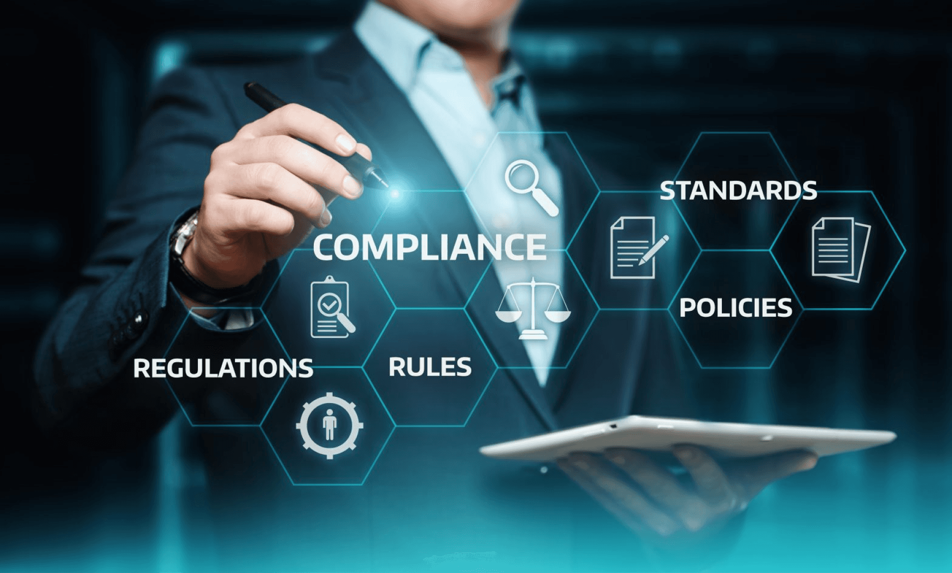 Professional showcasing compliance framework with focus on regulations, standards, policies, and rules using digital interface