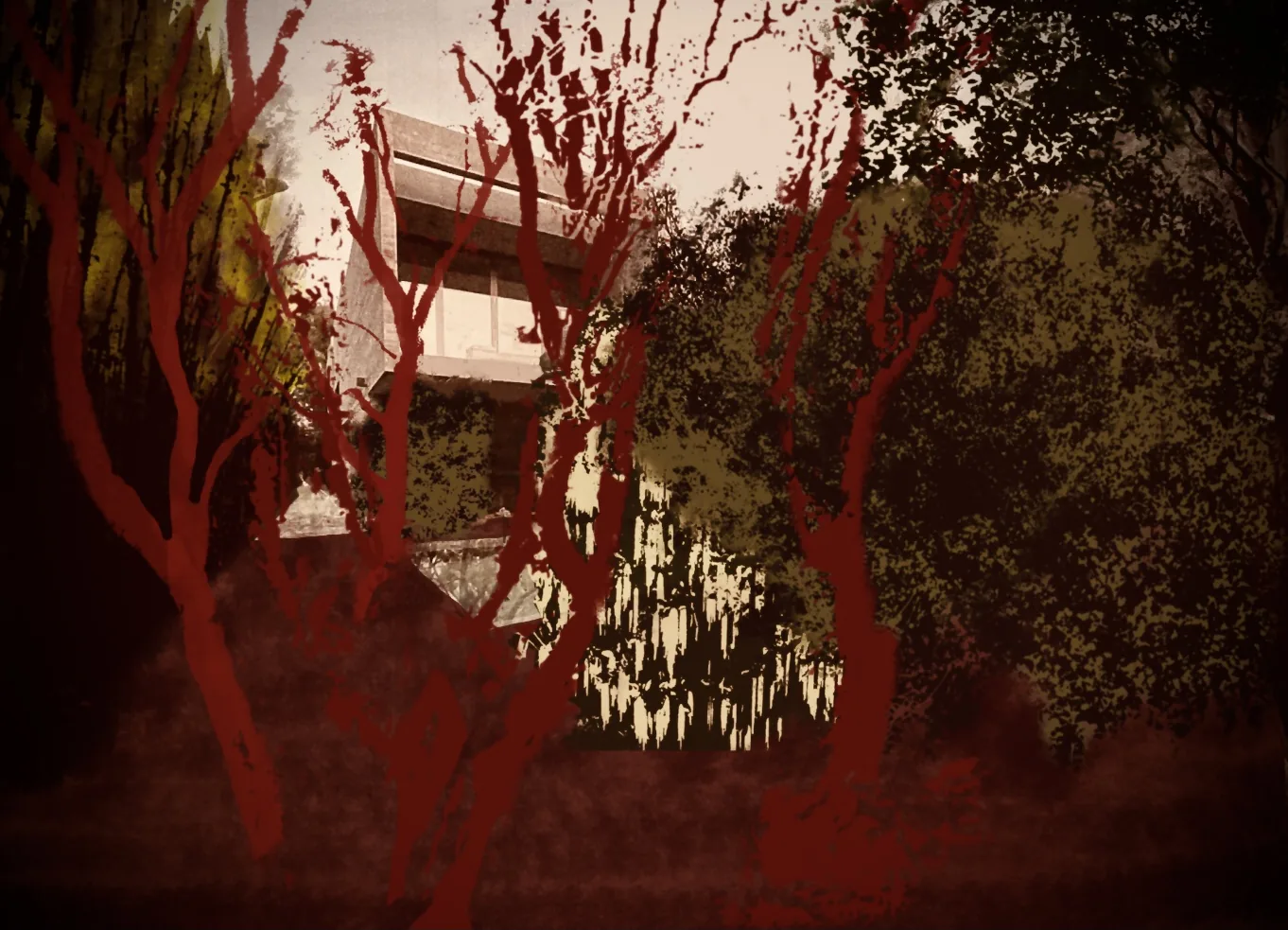 boceto vista casa y bosque rojo