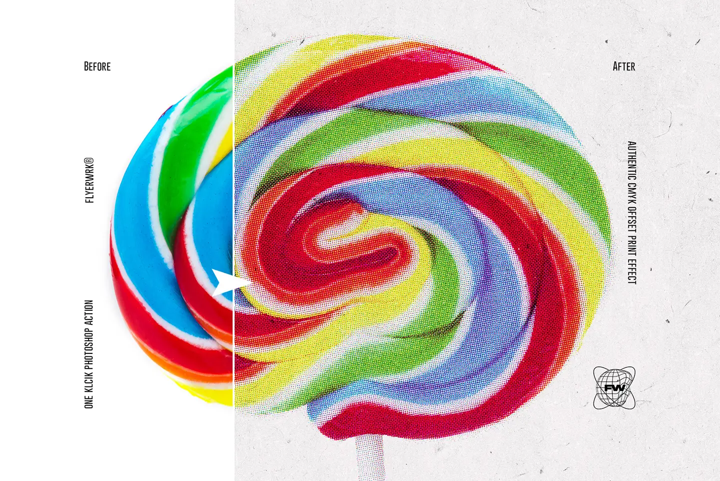 Before and after comparison of a colorful lollipop showing the authentic cmyk offset print effect