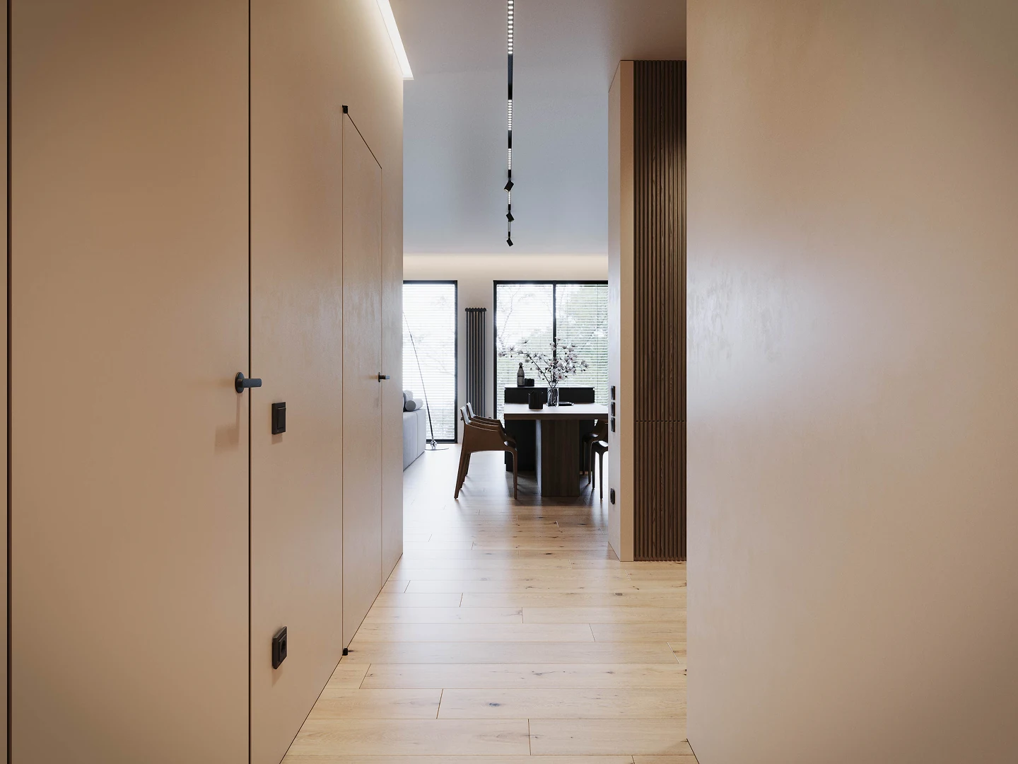 Chambre en plan large avec linge de lit en lin et tapis moelleux.