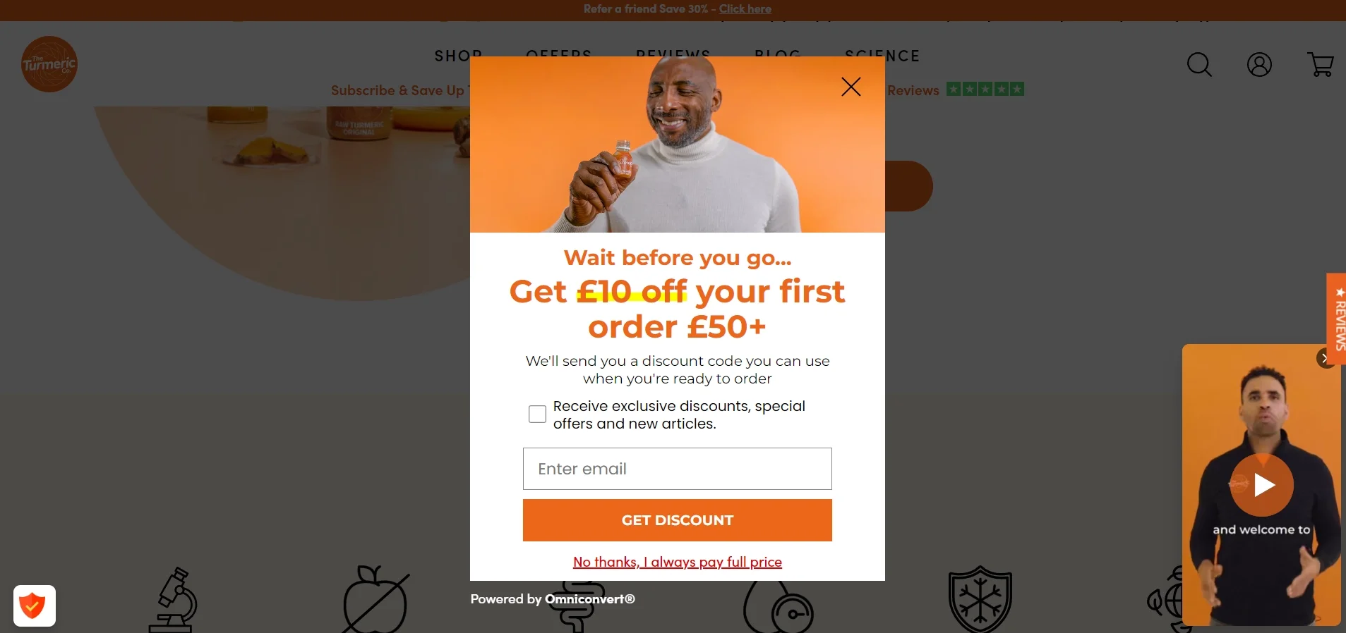 Exit-intent popup example from The Turmeric Co. offering a £10 discount on first orders over £50 to reduce cart abandonment