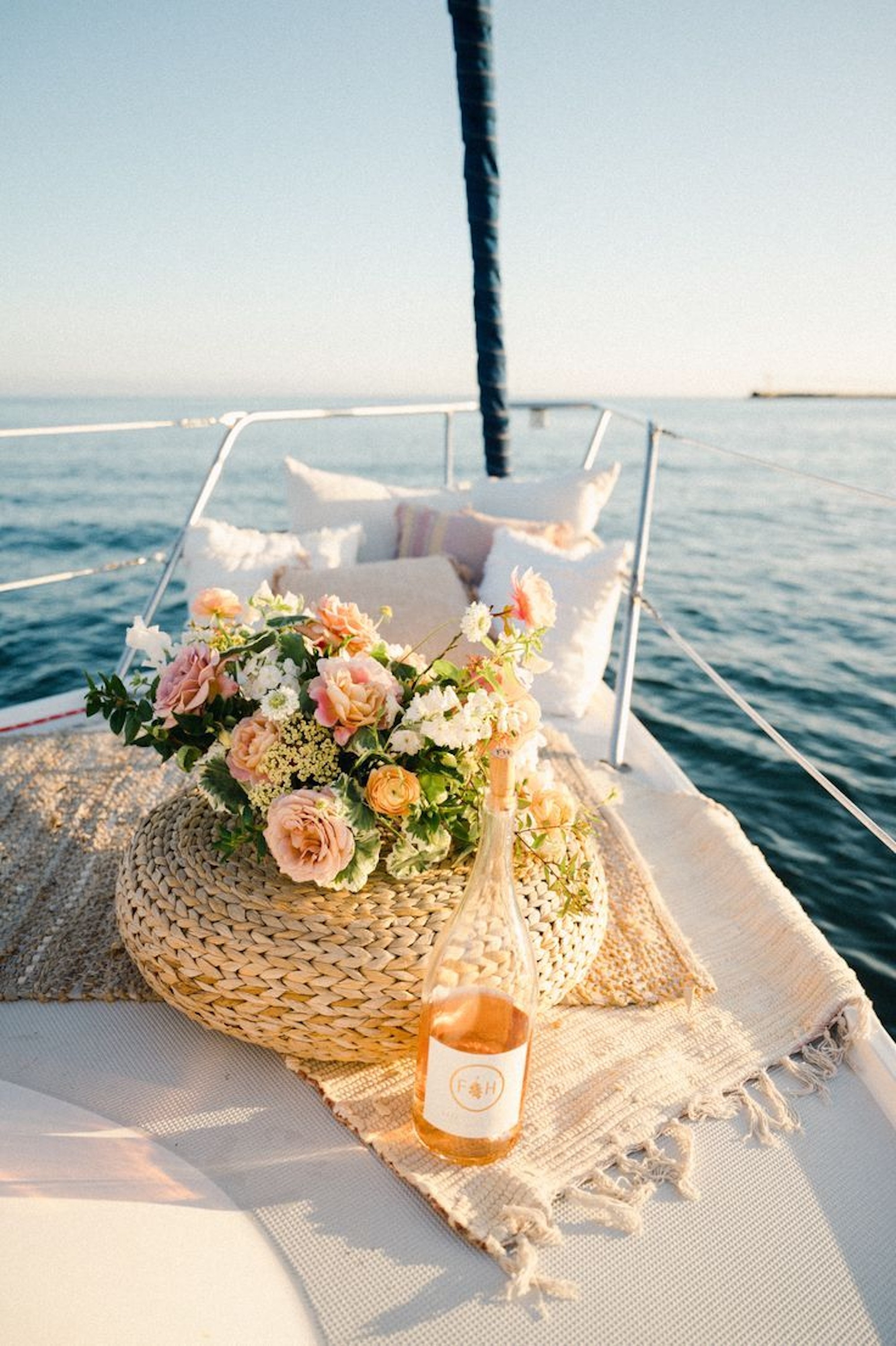 Wine and flowers on the catamaran.