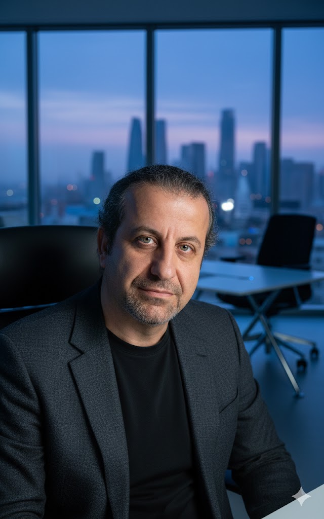 Portrait of a woman with long, smooth hair swept to the side, in a dark t-shirt, on a plain background.