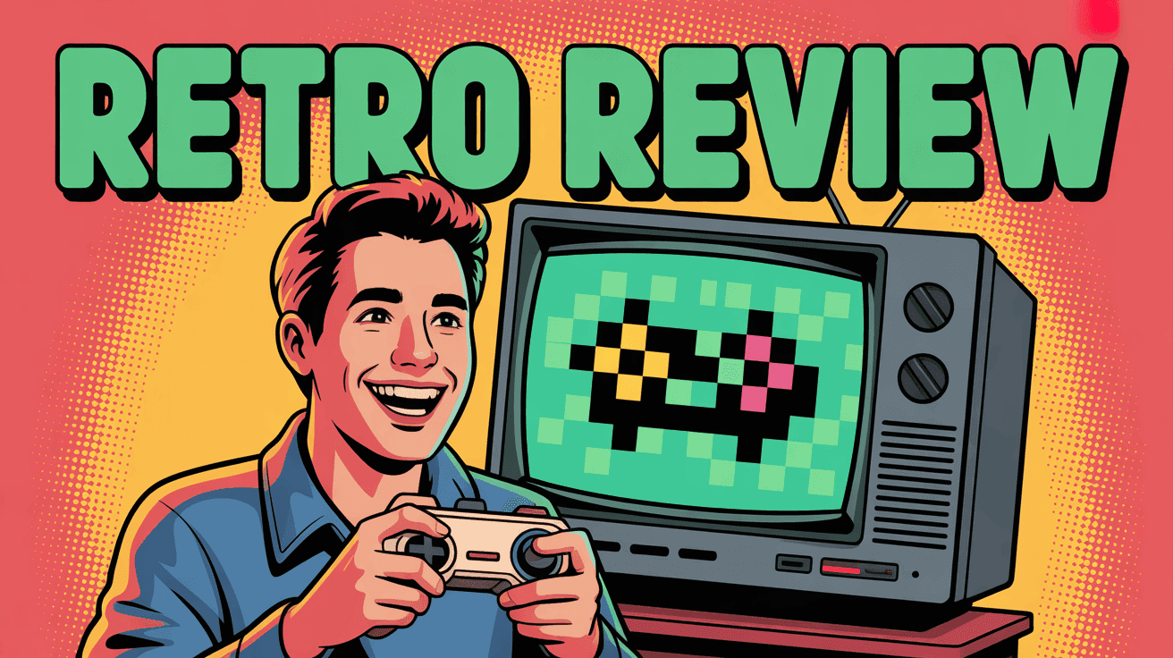 Retro gamer holding classic controller in front of glowing CRT showing pixel art with RETRO REVIEW text