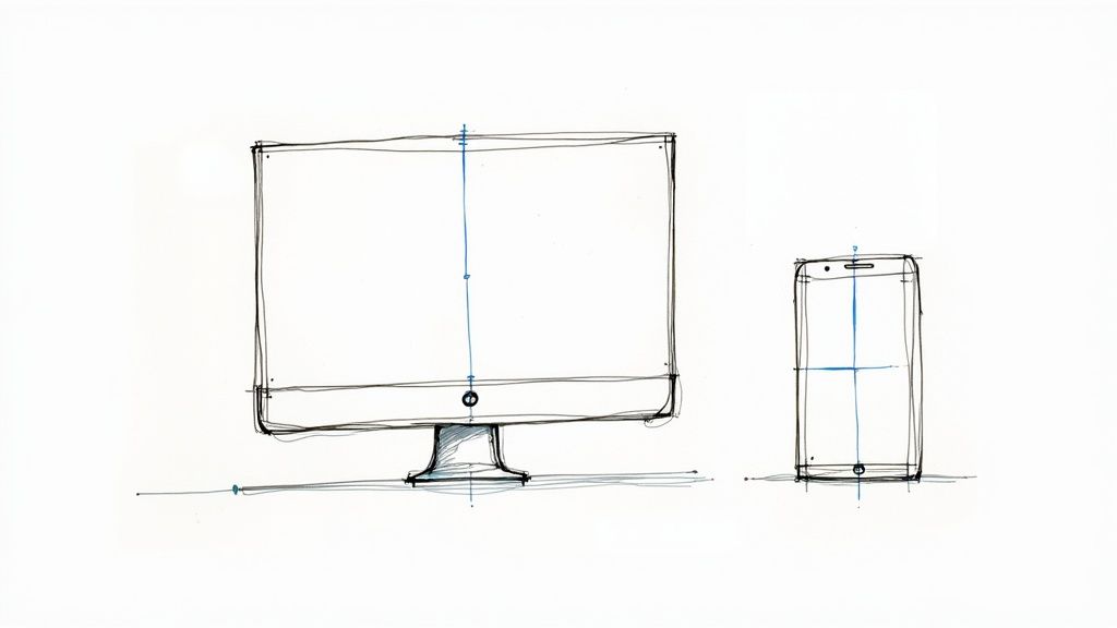 A website layout shown adapting across a desktop, tablet, and smartphone screen.