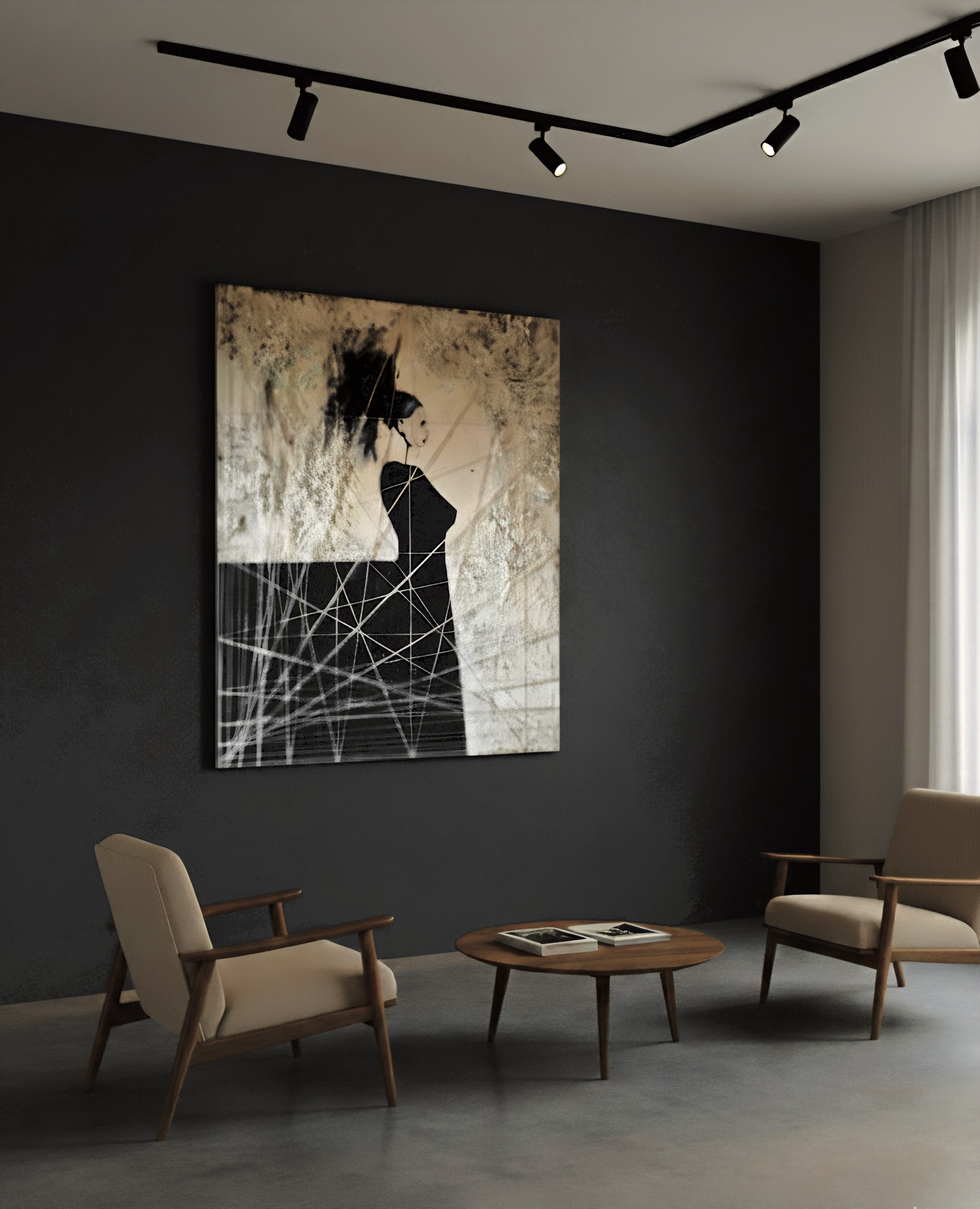 Contemporary interior space with abstract figurative painting on canvas, dark minimalist room with armchairs and artwork as focal point