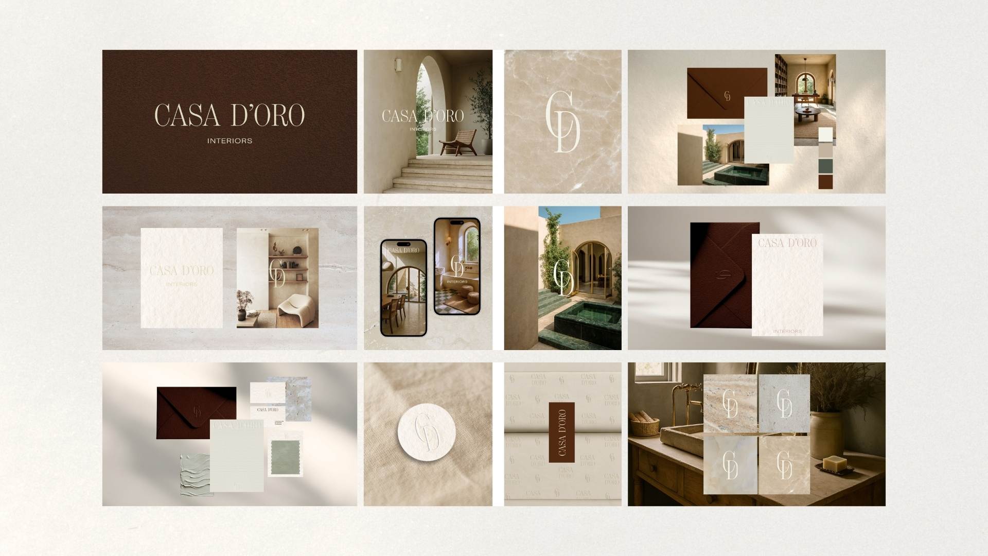 Casa D’Oro full brand identity presentation featuring color palette, typography, interior imagery, and luxury Mediterranean visual direction.