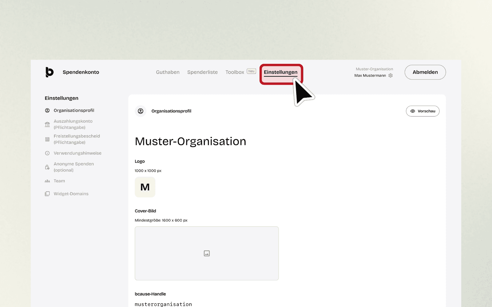 Einstellungen des Organisationsprofils mit Logo, Cover-Bild und bcause-Handle sowie dem Untermenü für weitere Einstellungen.