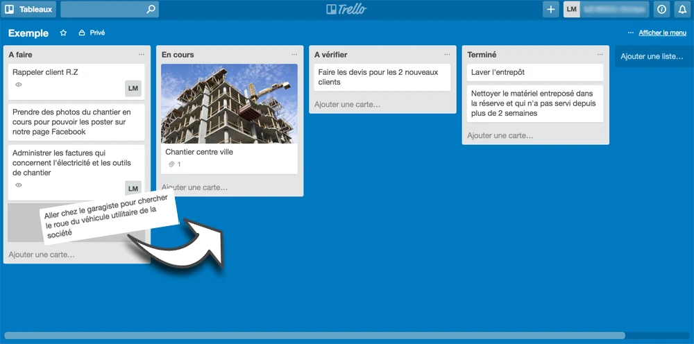 Interface de trello, outil de gestion