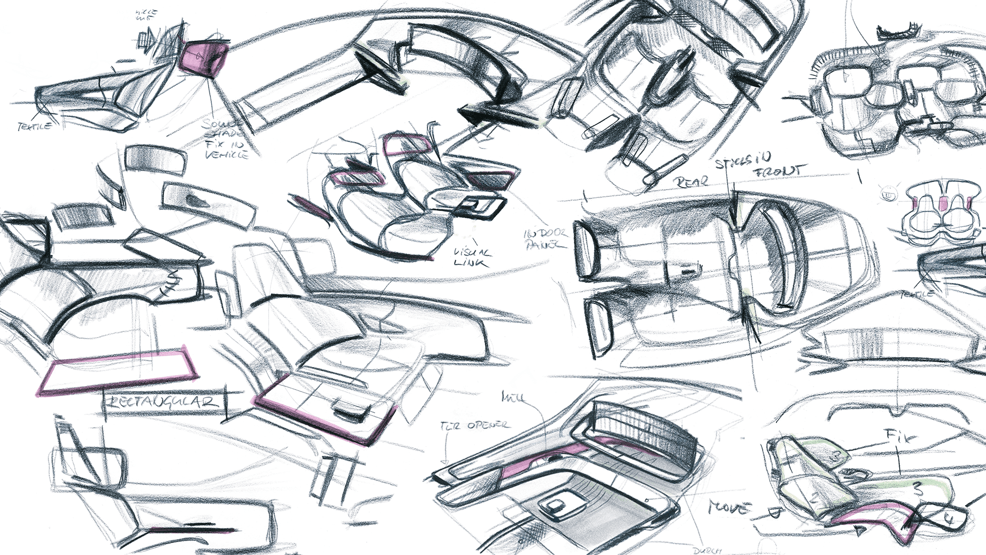 Composition of pencil sketches of car interiors.