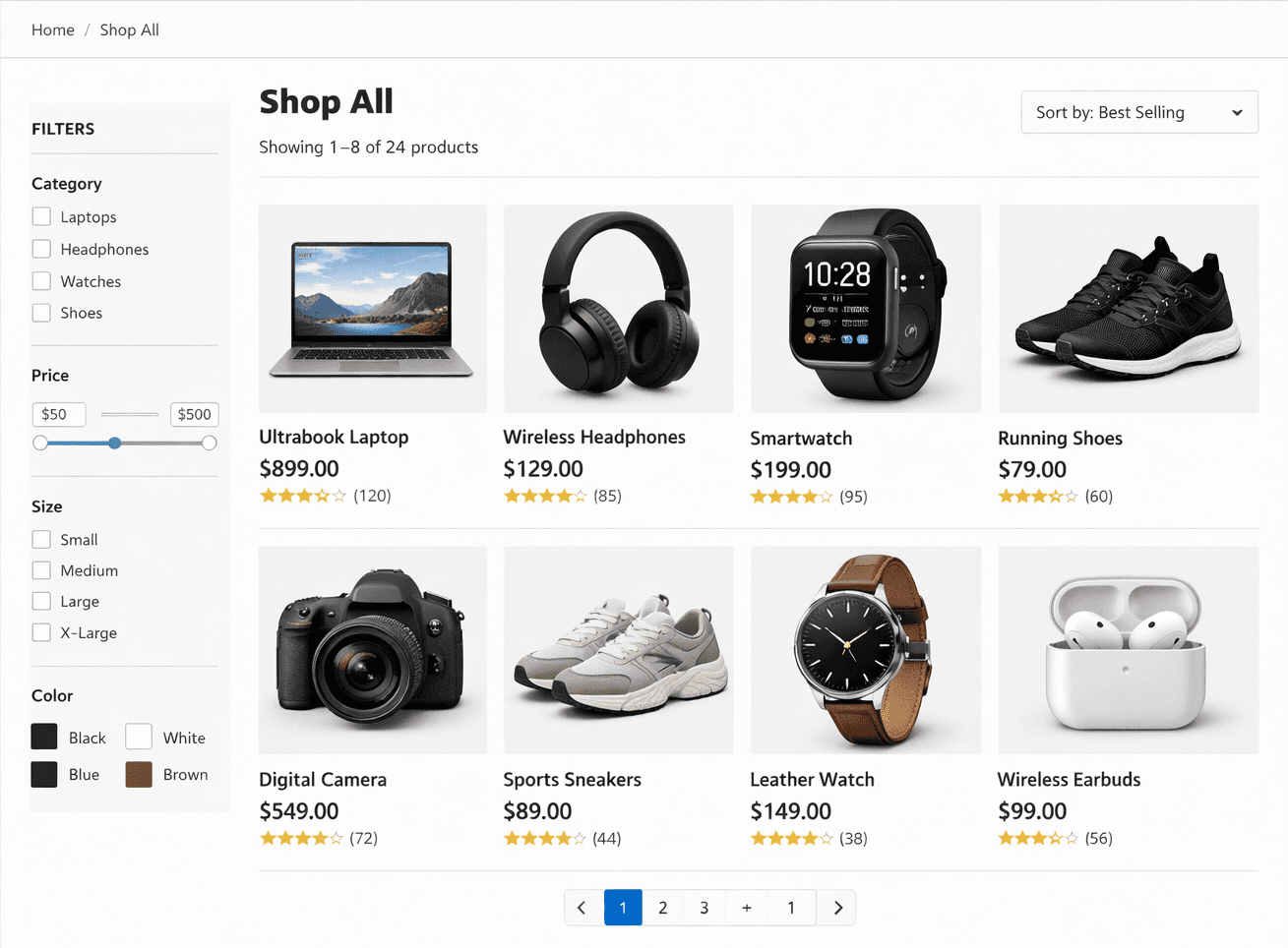 Ecommerce category page displaying multiple products with pricing and product information.