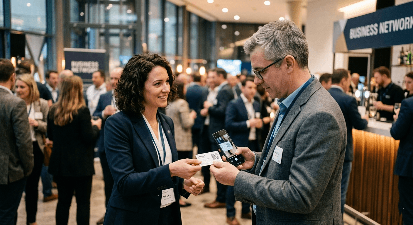 Exchanging a business card with QR code at a networking event