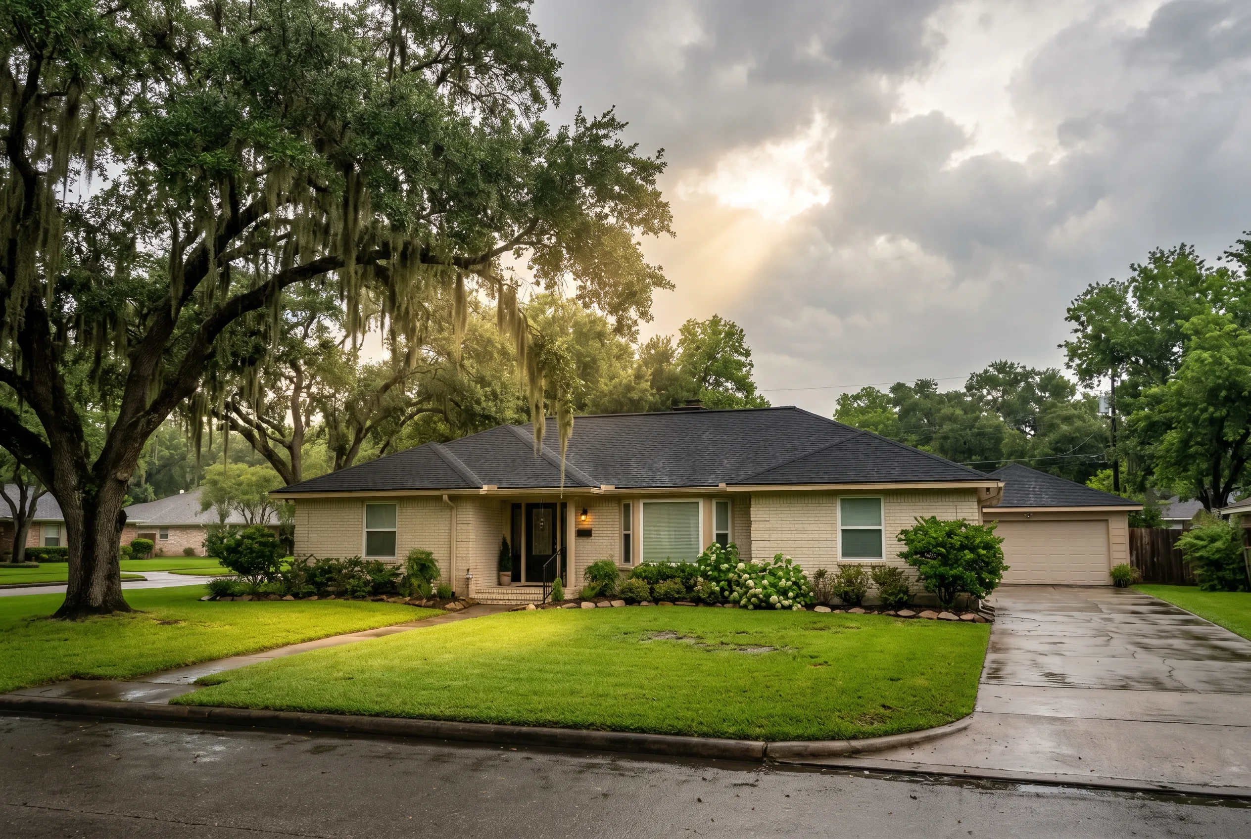 Single-story ranch-style home with a wide front lawn and mature trees on a cloudy day.
