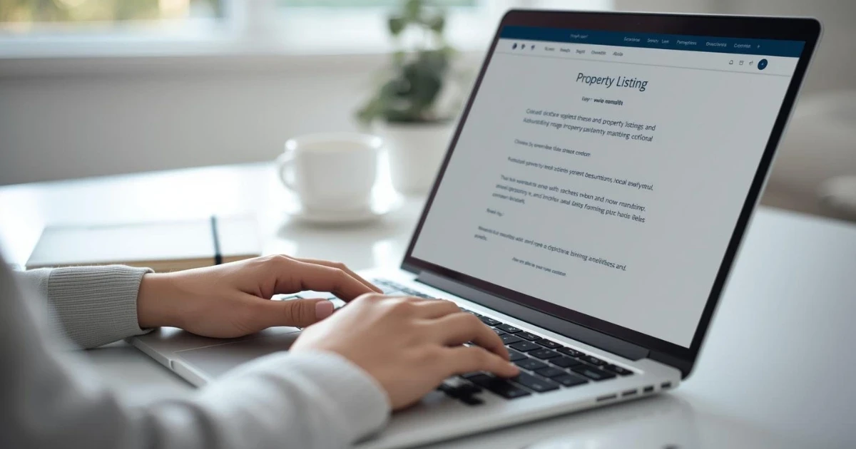 Real estate agent typing a compelling MLS property description on a laptop keyboard.