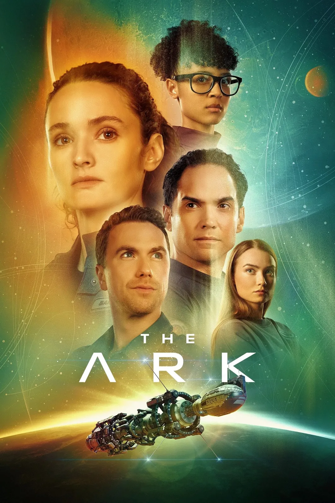 A futuristic spaceship travels through a vibrant, colourful cosmic landscape with a starry sky, while five diverse individuals gaze determinedly in different directions, suggesting an epic space adventure theme related to "The Ark".
