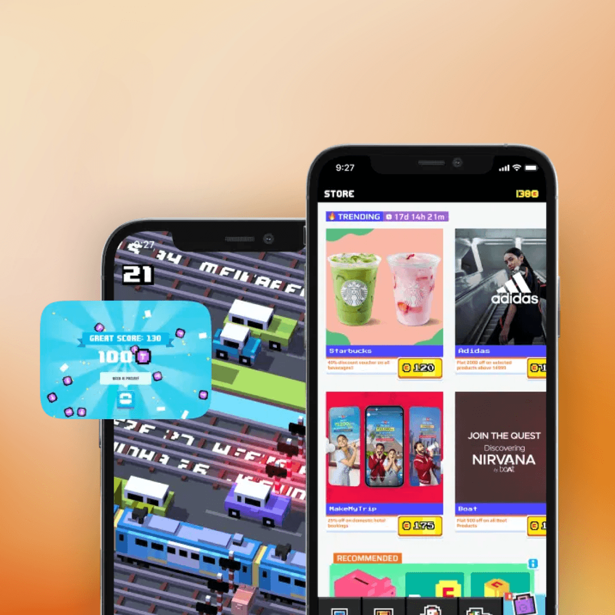 Mobile devices displaying in-game rewards store with brand offers from Starbucks, Adidas, and Netflix