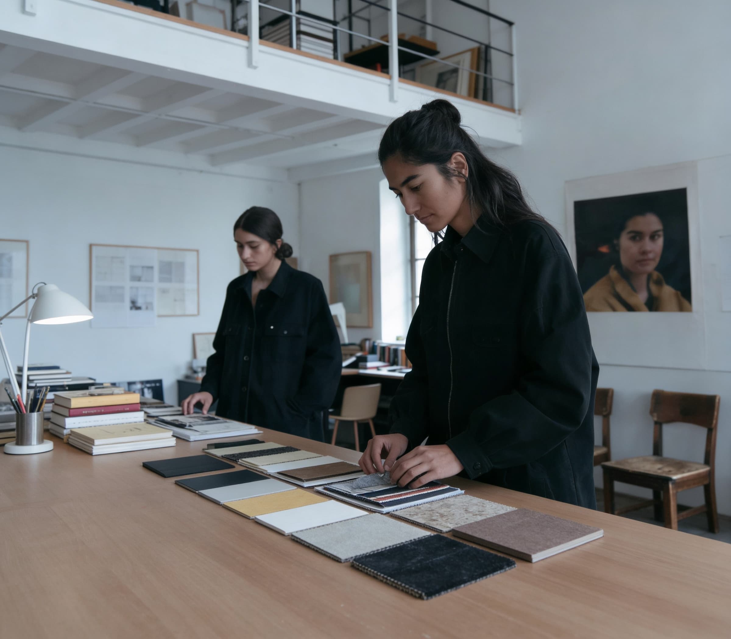 Two people in a minimalist, spacious office examine an array of notebooks and fabric samples spread out on a wooden table, with large windows and a modern design aesthetic enhancing the ambient lighting.