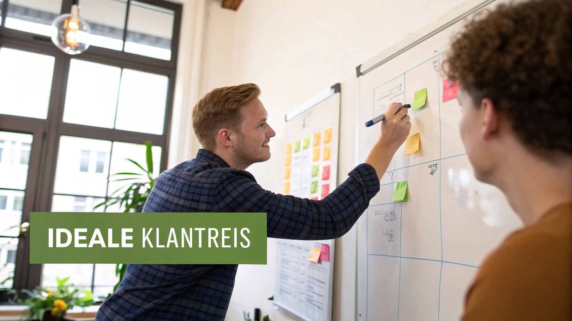 Twee mannen brainstormen over de ideale klantreis en schrijven op een whiteboard met post-its.