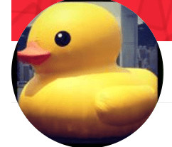 The image shows a large, bright yellow rubber duck with an orange beak and black eyes. It appears to be an oversized version of a classic rubber duck toy, standing out against an urban background.