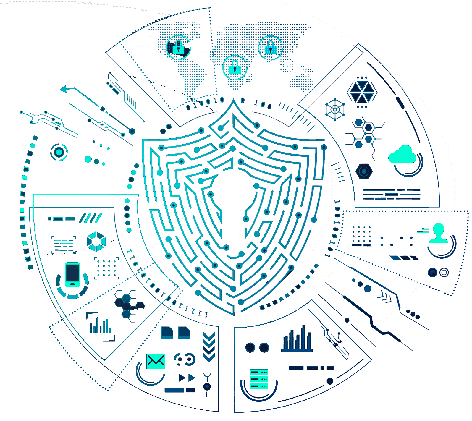 Cybernetic-themed decoration depicting a shield and various digital icons.