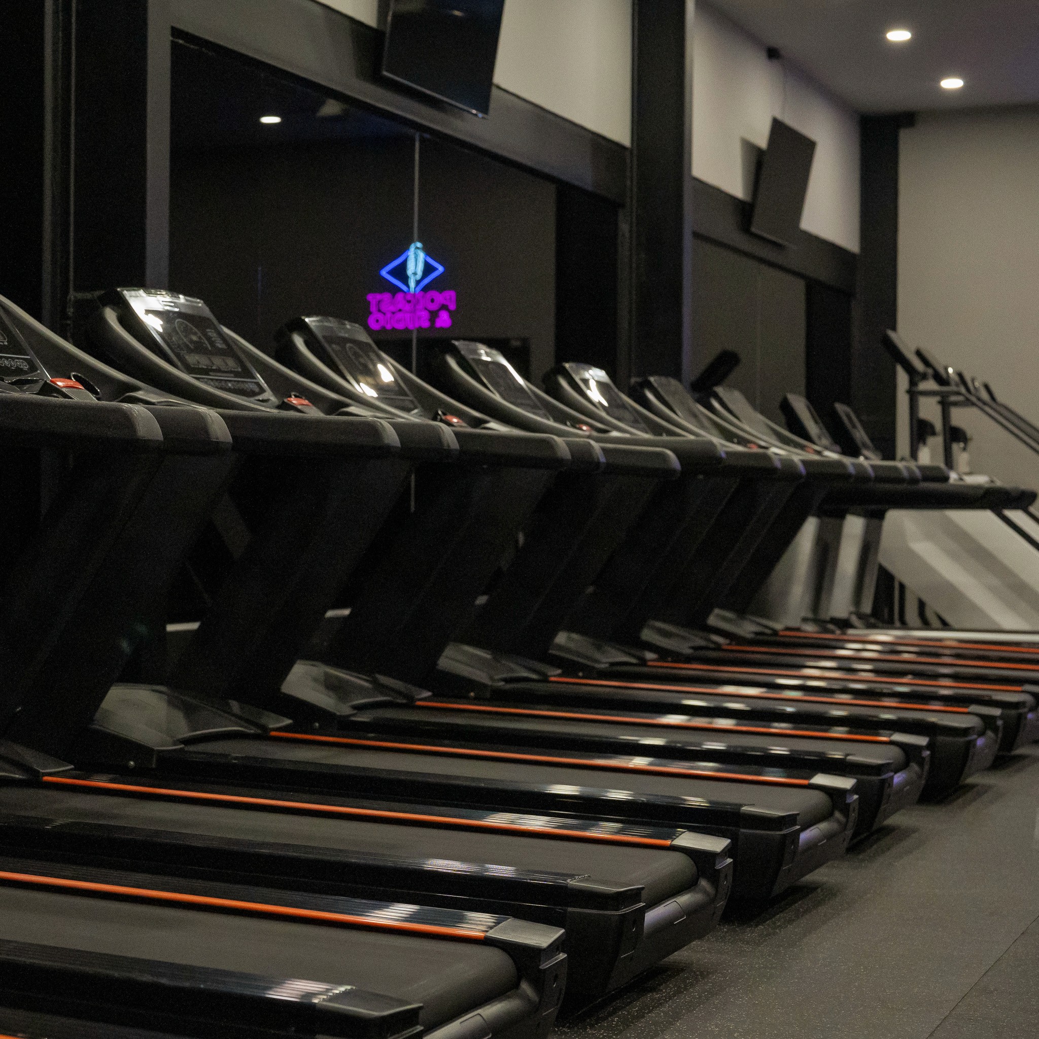 High-tech cardio machines at Legacy Muscle Universe Koh Samui, including treadmills and ellipticals in a spacious, air-conditioned gym.