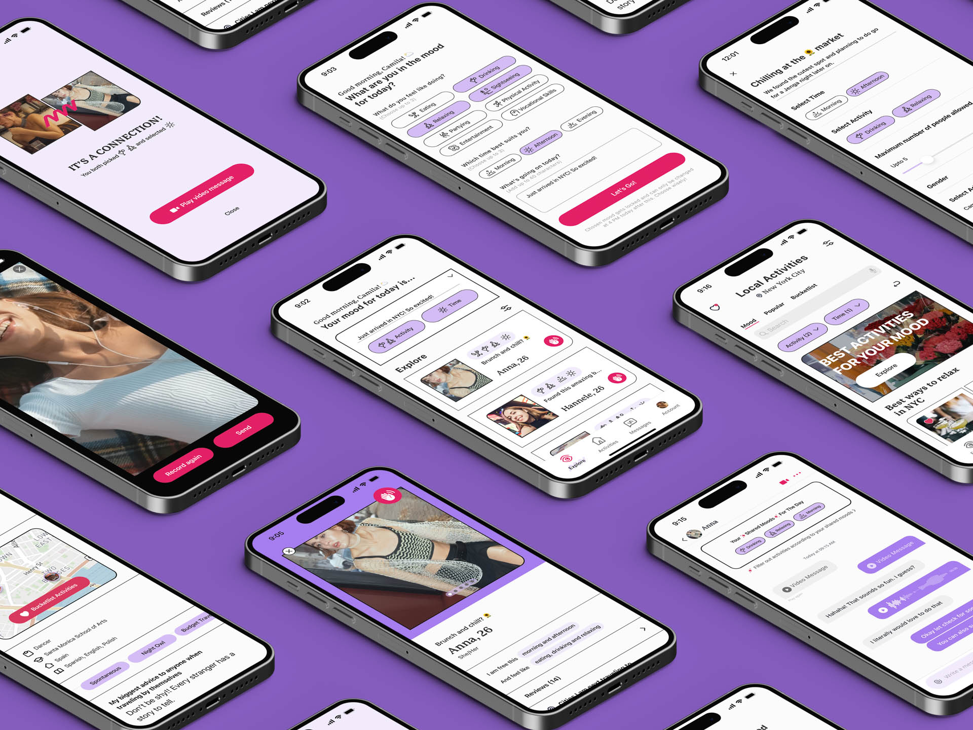 Nine smartphones are displayed on a purple background, each showing a dating app interface. The screens display various profiles with photos and text, including “It’s a CONVERSATION,” “TODAY IS A DAY TO SHARE,” “FRIENDS WITH A PURPOSE,” and “TODAY IS A DAY TO SHARE.” The phones are arranged in a grid pattern, with some showing partial views.