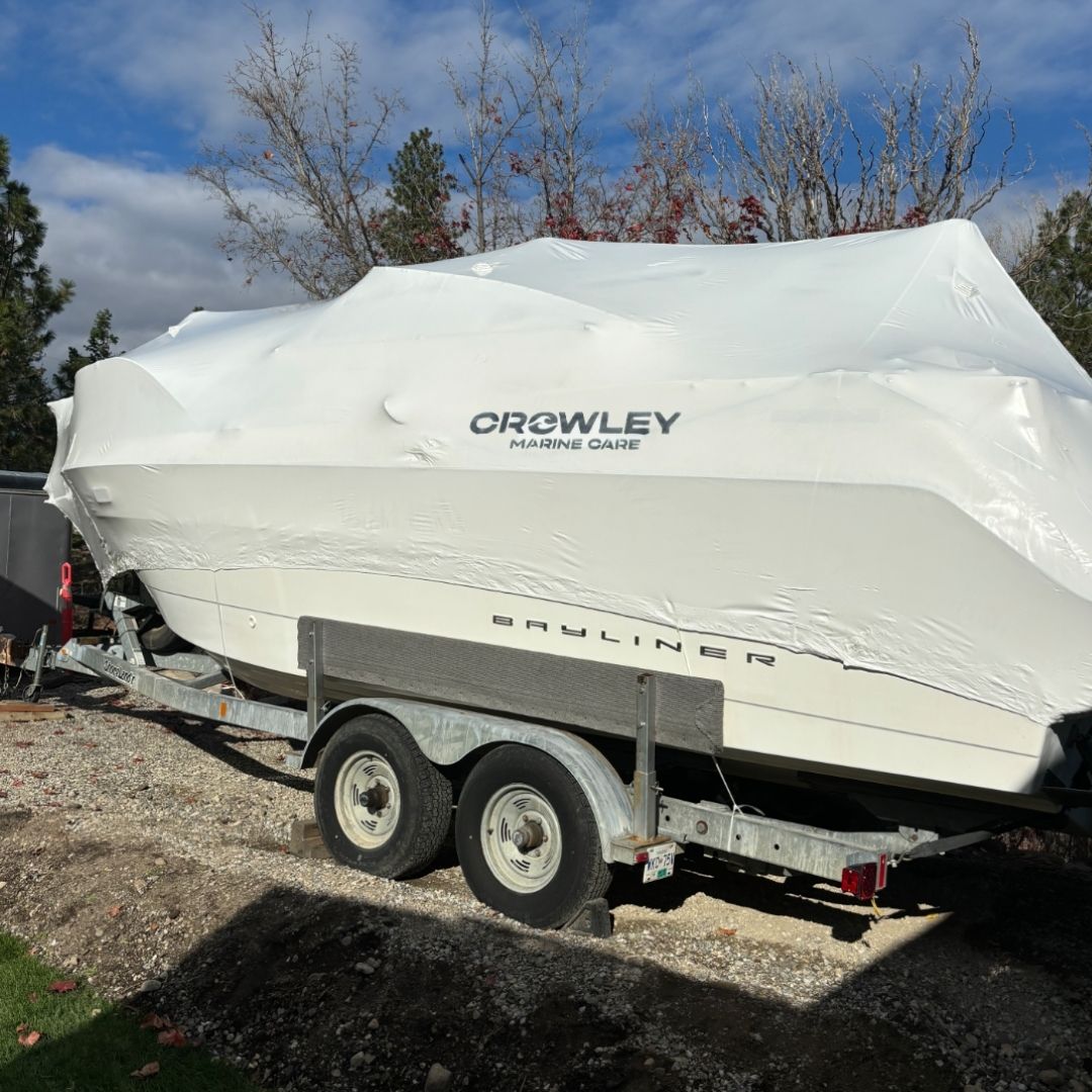 A finished shrink wrapped boat by crowley marine care in kelowna BC